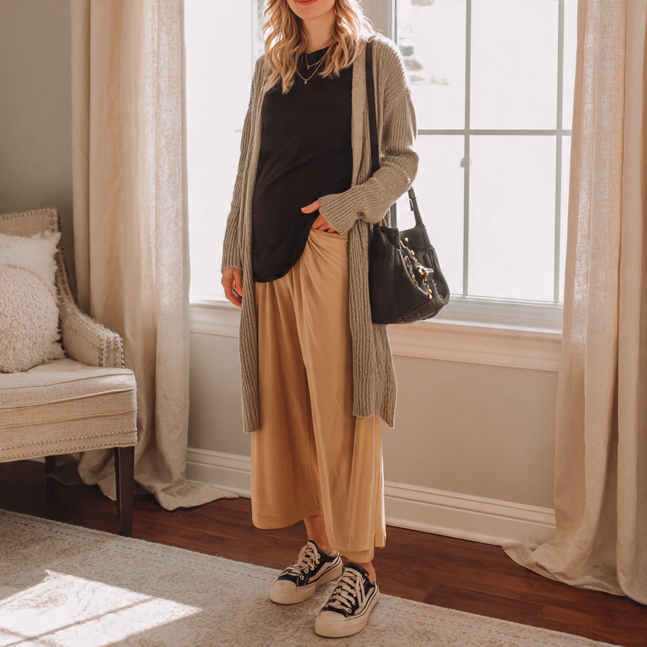 wide leg jersey pants with a fitted tee and longli