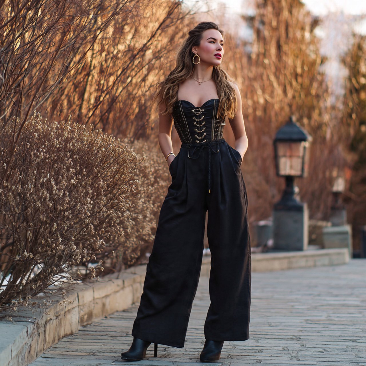 wide leg trousers with a corset inspired topdate n