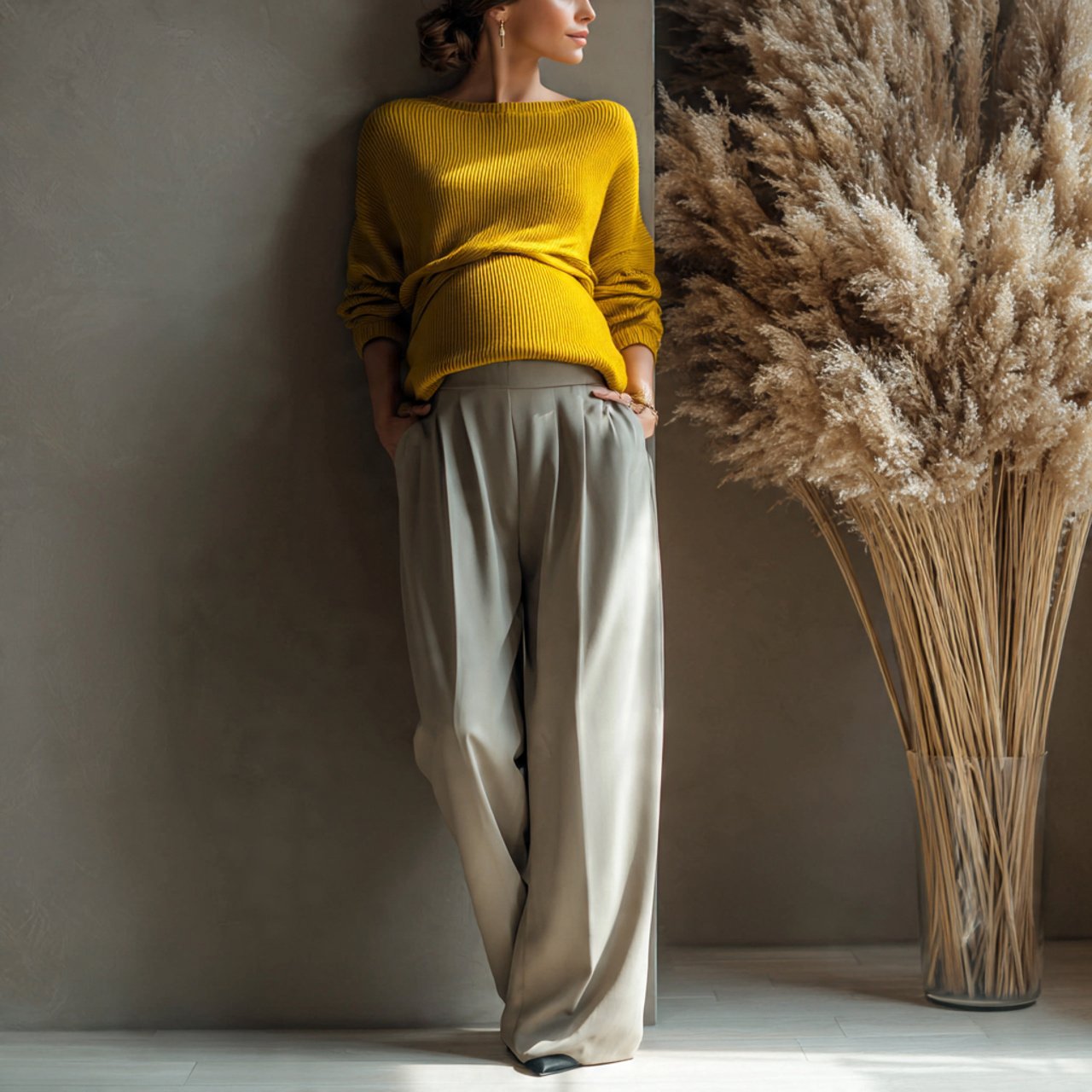 Pregnancy Outfits Winter: 16 Stylish and Practical Looks for Cold-Weather Comfort 6 wide leg trousers with fitted knit toppregnancy ou