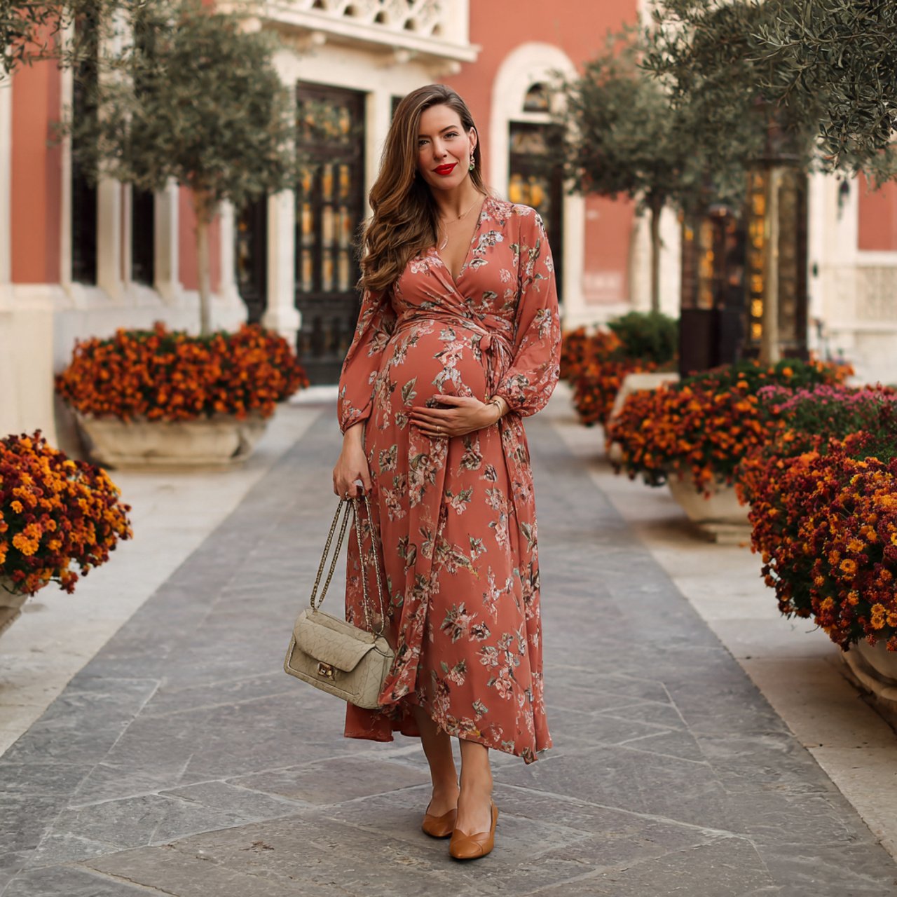 wrap dress with flat mulespregnancy outfits summer