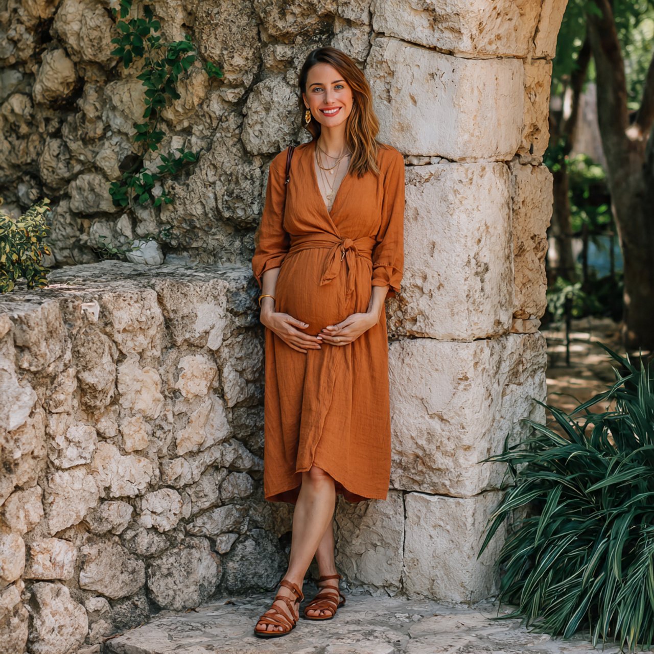 Cute Pregnancy Outfits: 17 Stylish Looks That Feel Comfortable, Flattering, and Easy to Wear 6 wrap dress with flat sandalscute pregnancy outfits