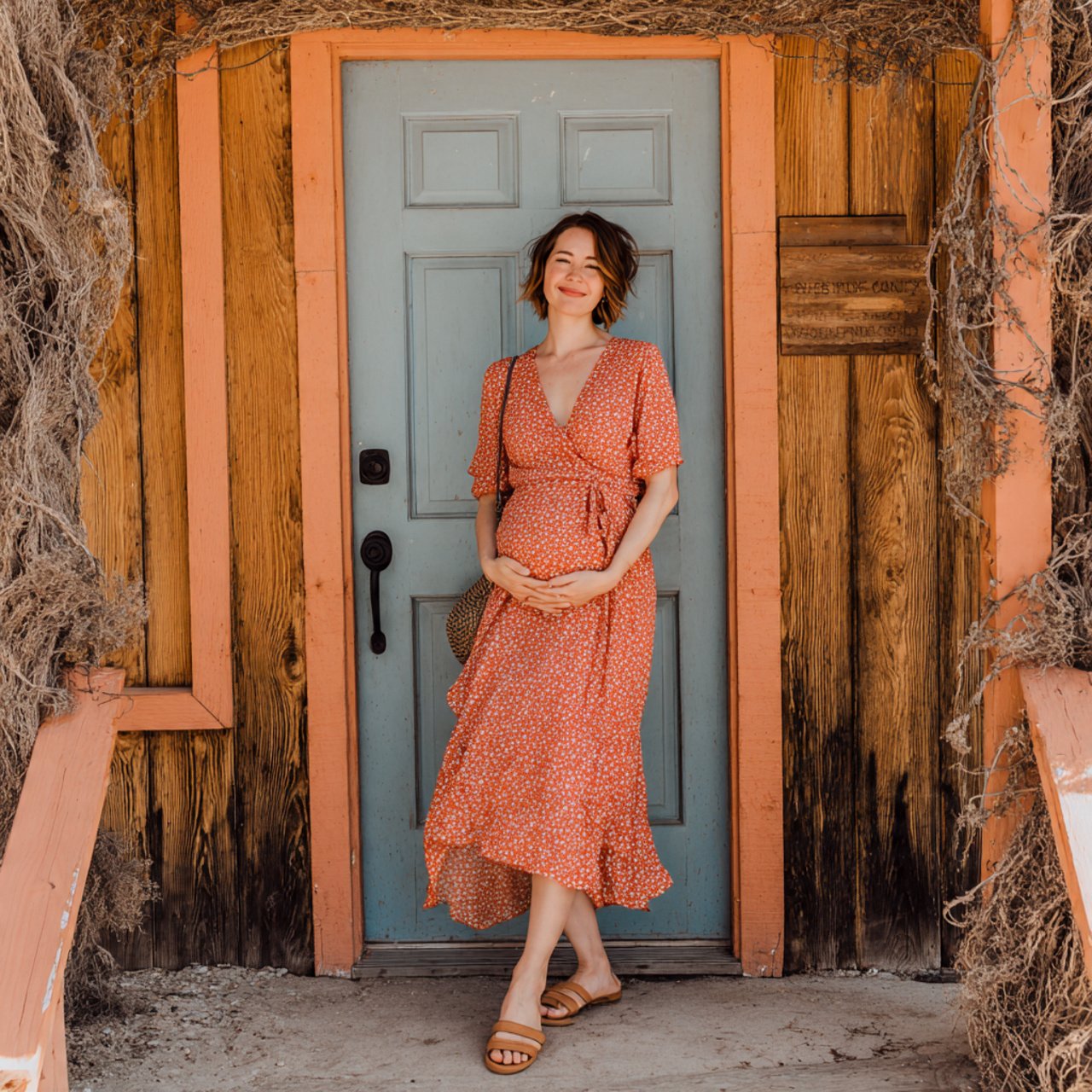 wrap dress with flat sandalsspring pregnancy outfi