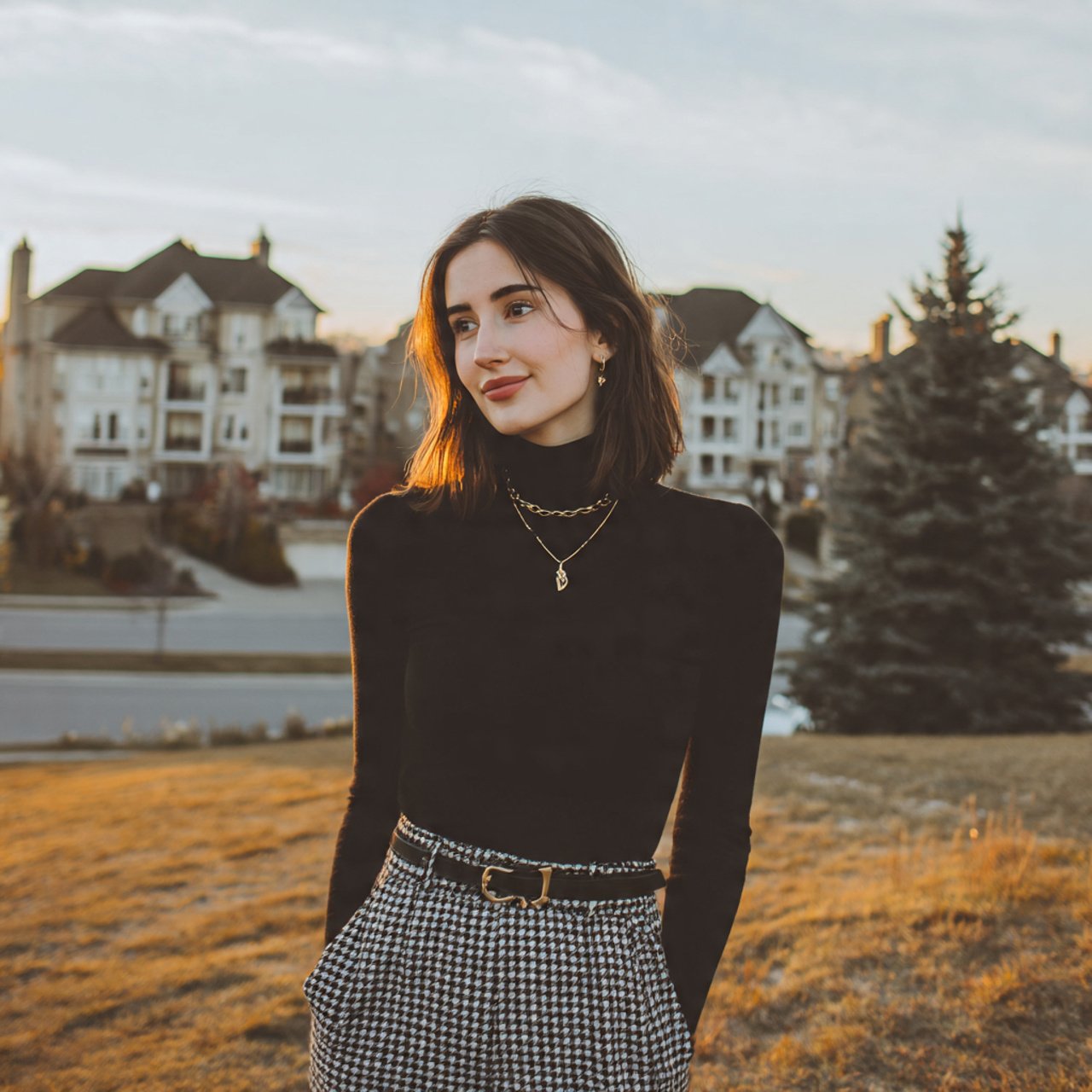 black midi skirt with a fitted turtleneckmovie dat