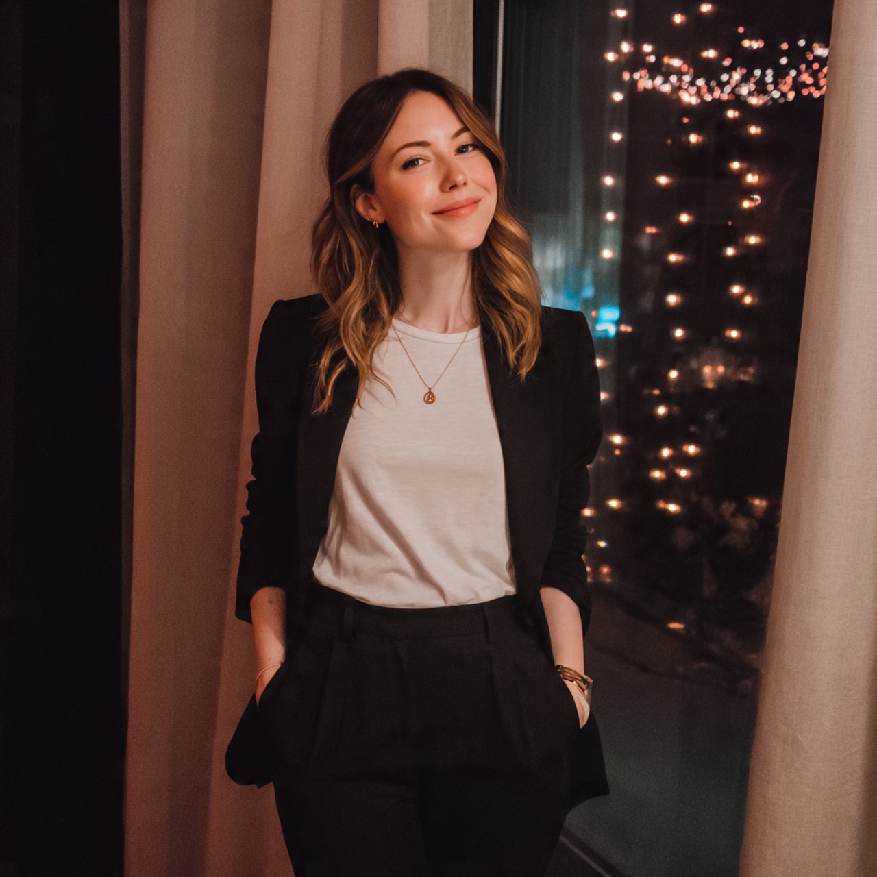 black trousers with a fitted tee and blazermovie d