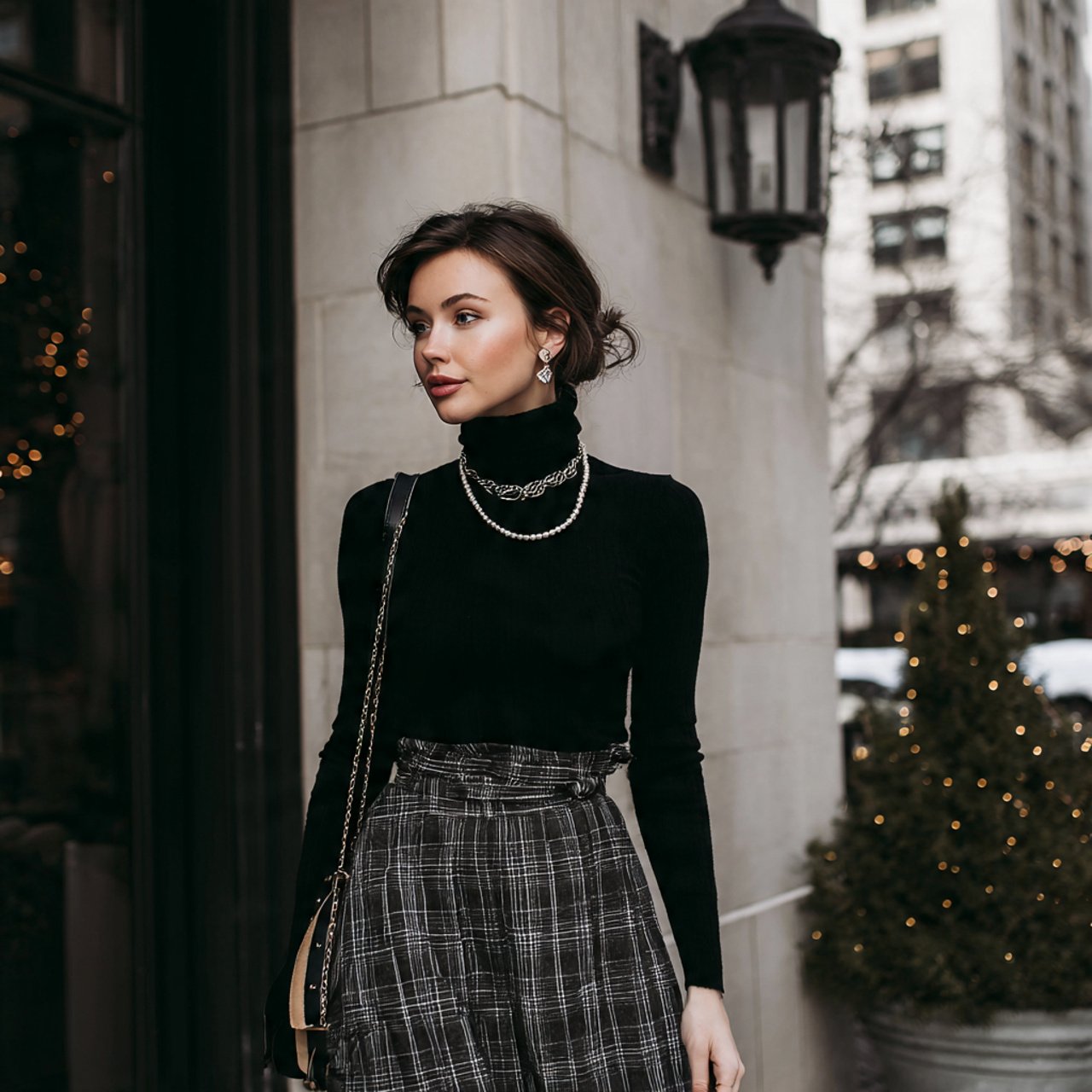 black turtleneck with plaid midi skirtthanksgiving