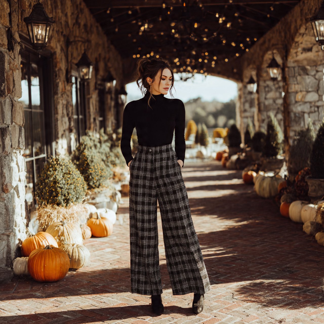 black turtleneck with plaid wide leg pantsthanksgi