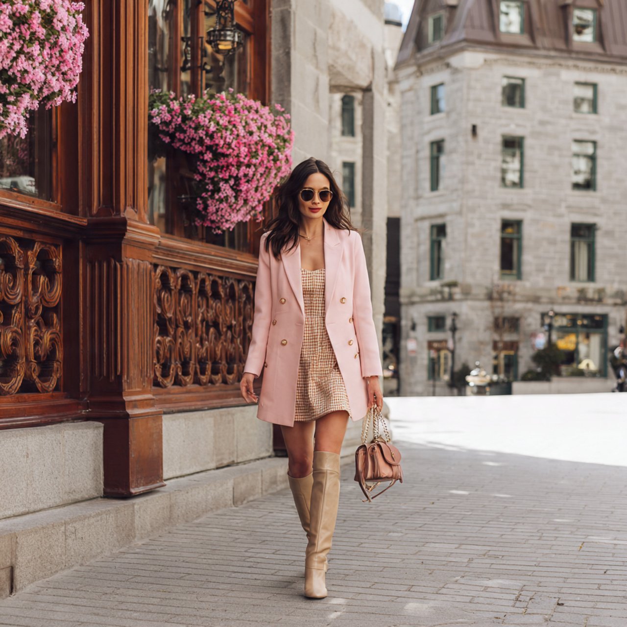 blazer dress with knee high bootschic spring outfi