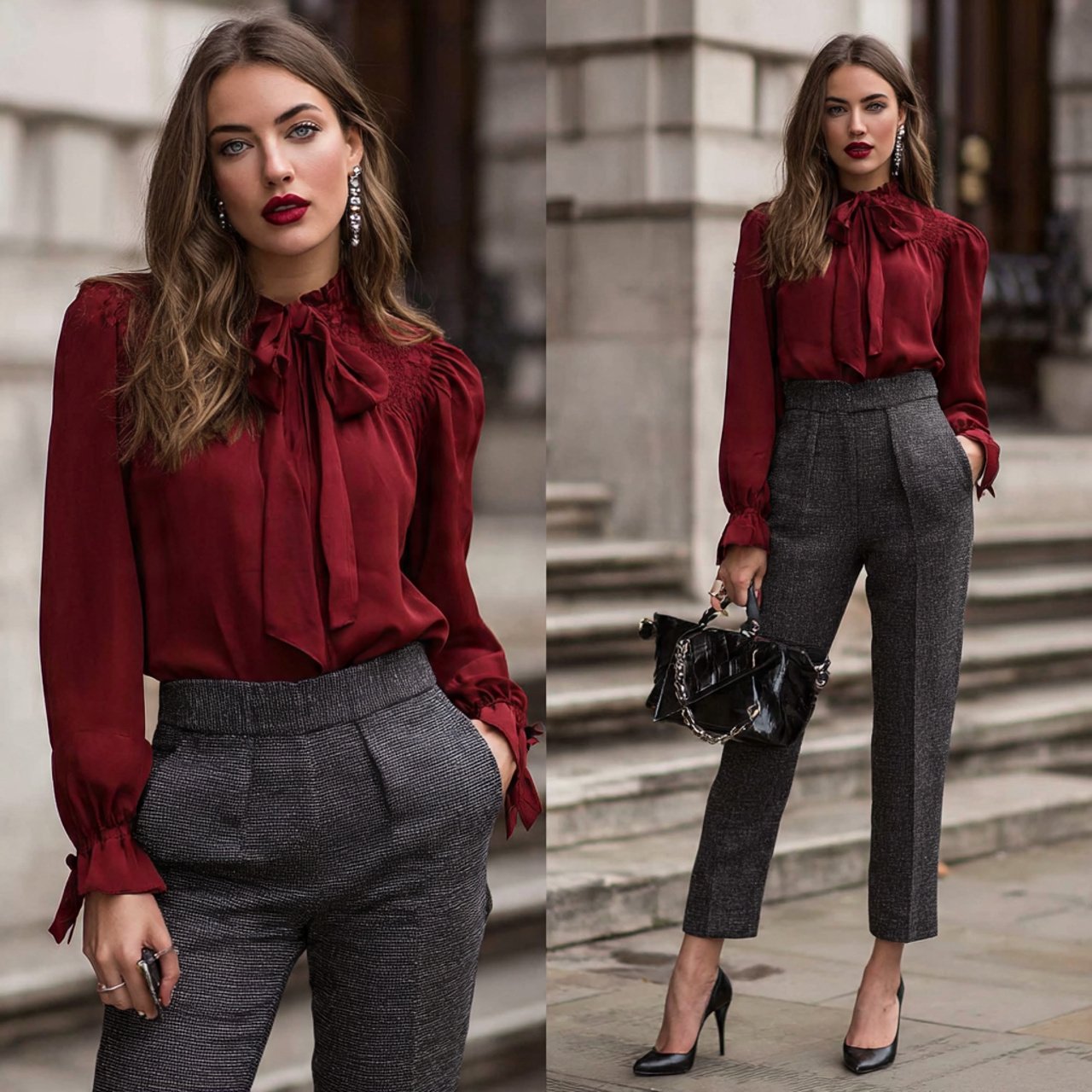 17 Business Chic Outfits That Look Polished, Modern, and Effortlessly Professional 14 burgundy blouse with charcoal trousersbusiness chi