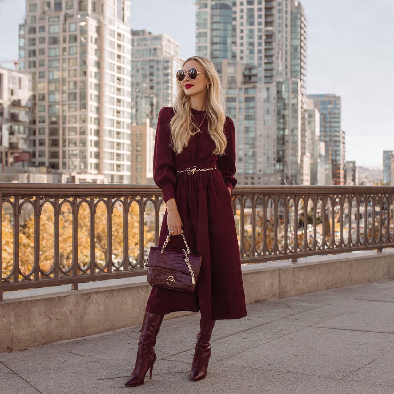 burgundy midi dress with knee bootsthanksgiving ou