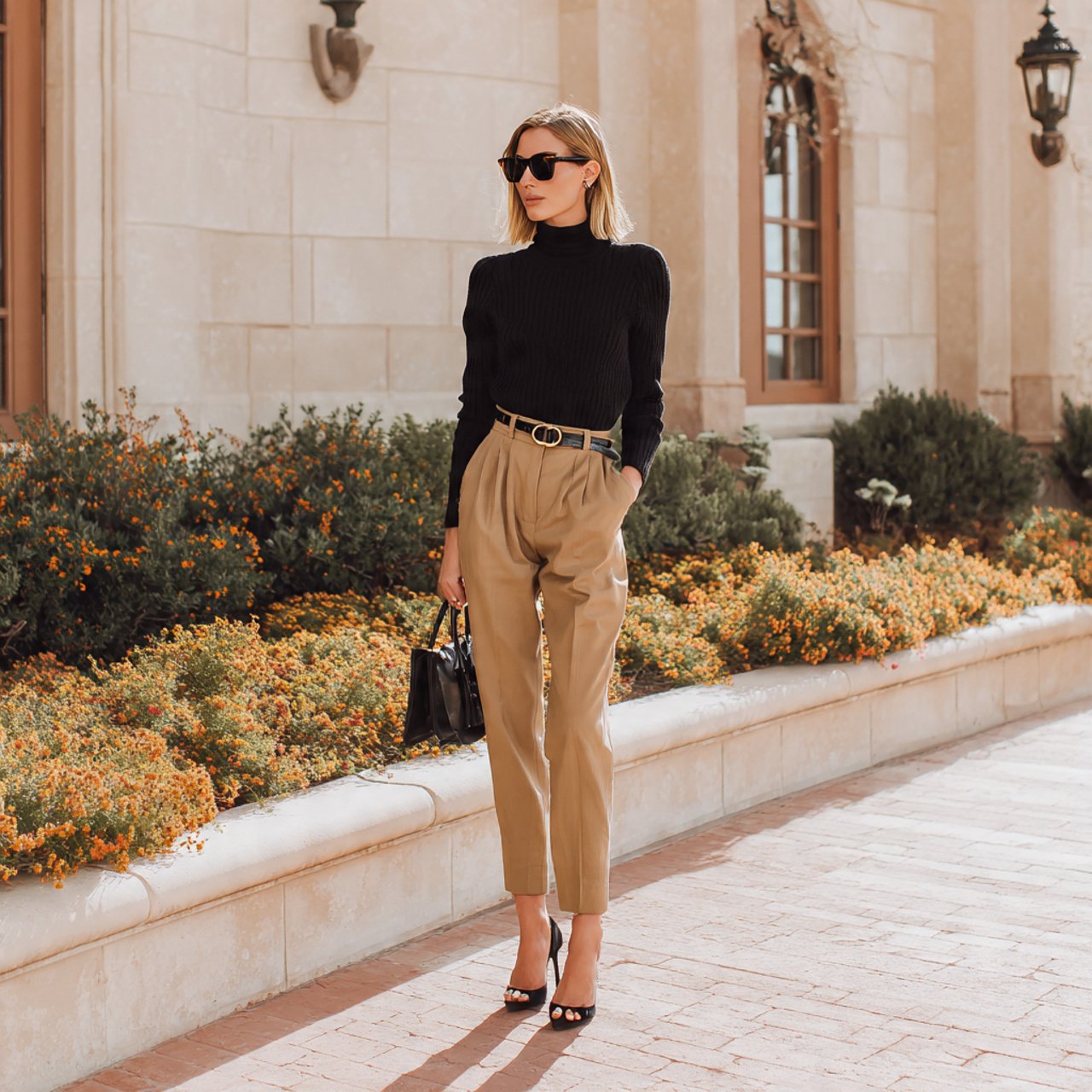 17 Business Chic Outfits That Look Polished, Modern, and Effortlessly Professional 7 camel trousers with a fine black knitbusiness chic