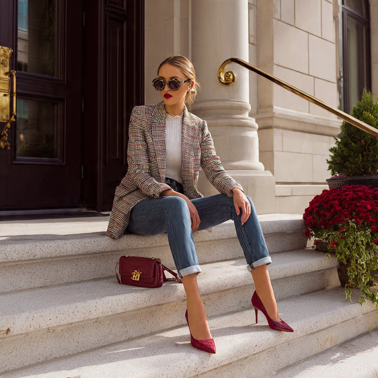 17 Business Chic Outfits That Look Polished, Modern, and Effortlessly Professional 11 checked blazer with dark denim and heelsbusiness c