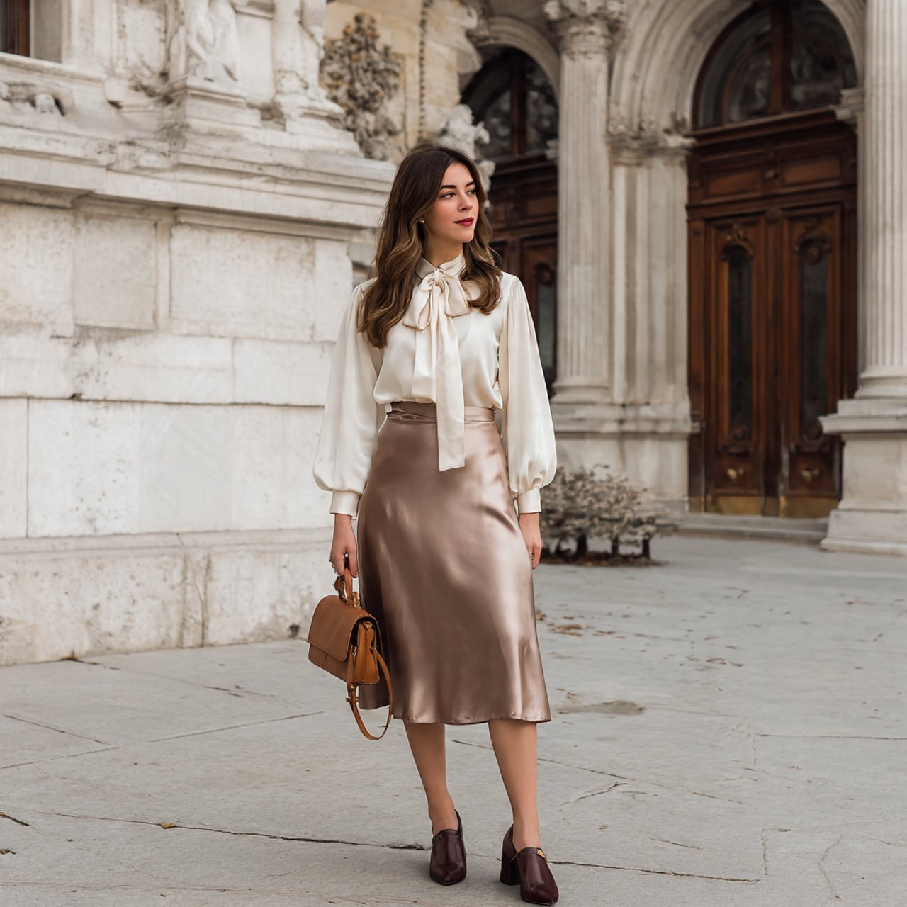 17 Business Chic Outfits That Look Polished, Modern, and Effortlessly Professional 10 cream blouse with a satin midi skirtbusiness chic