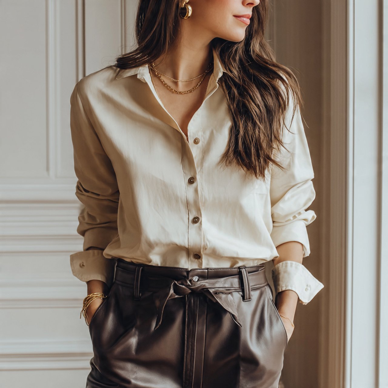 cream button up with faux leather trousersthanksgi