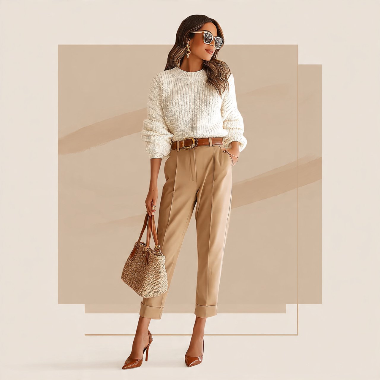 cream sweater with camel trousersthanksgiving outf