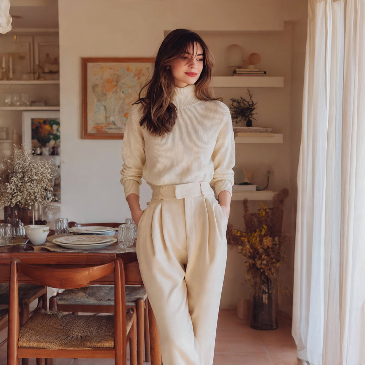 cream turtleneck with pleated trousersthanksgiving
