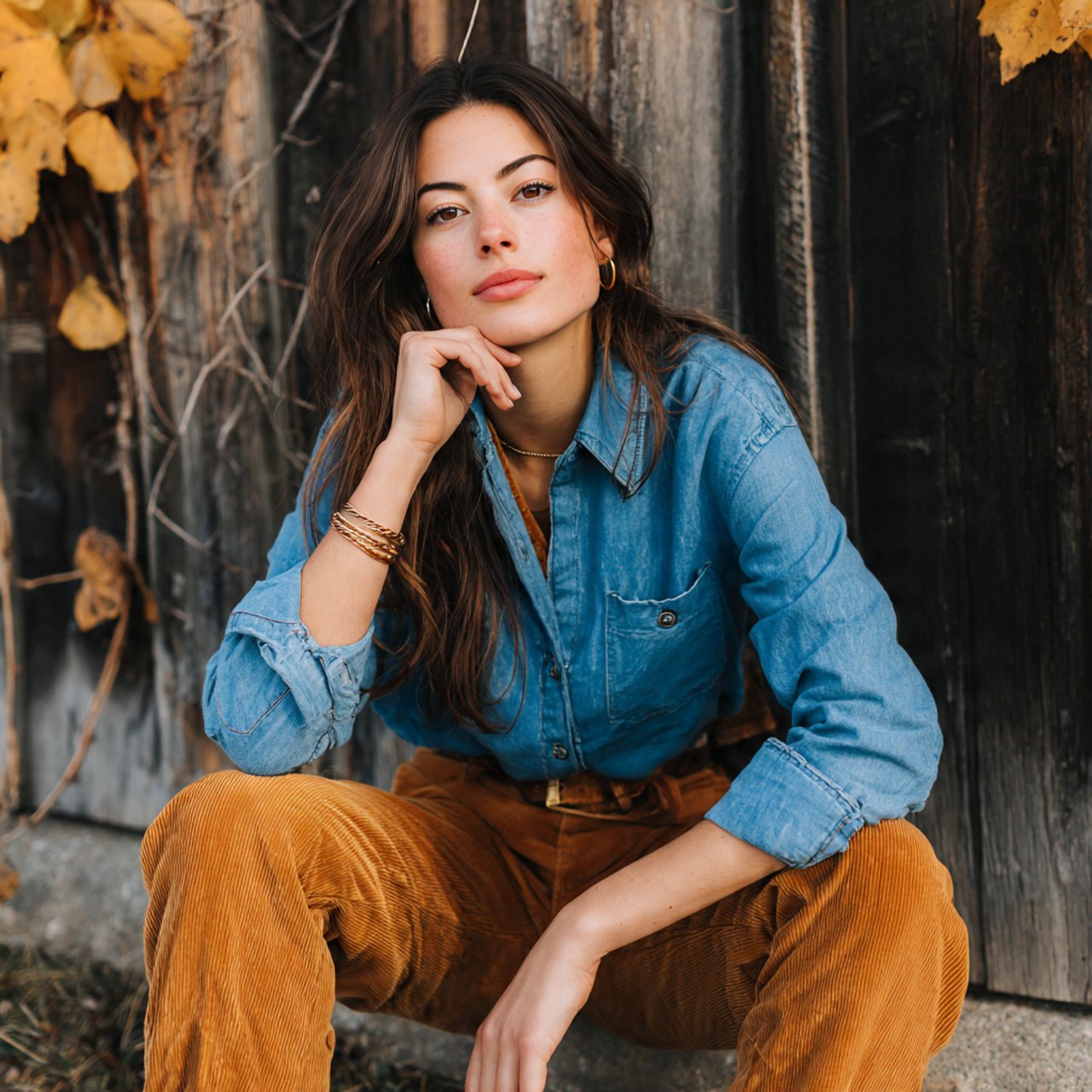 create women image wearing denim shirt with cordur