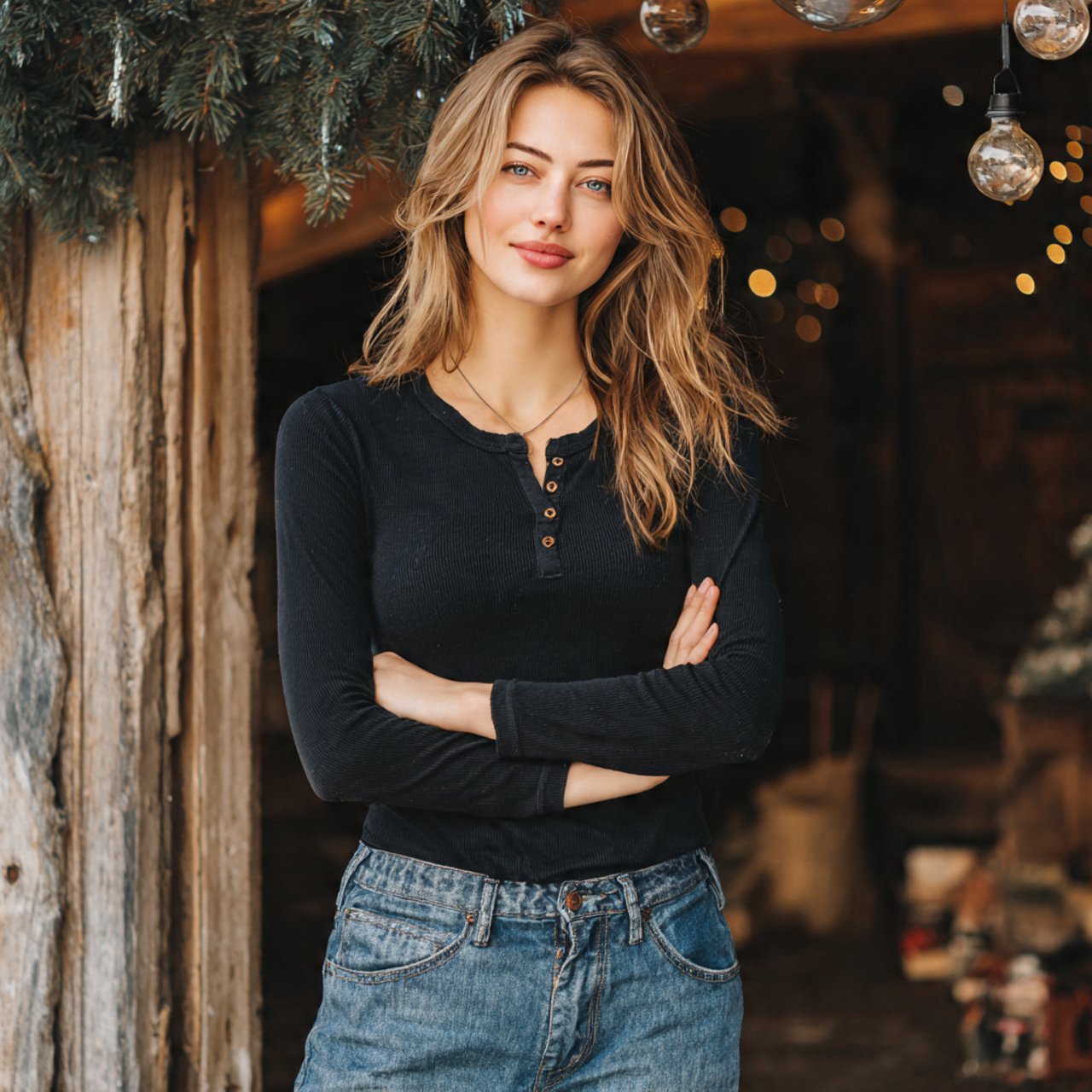 create women image wearing henley top with