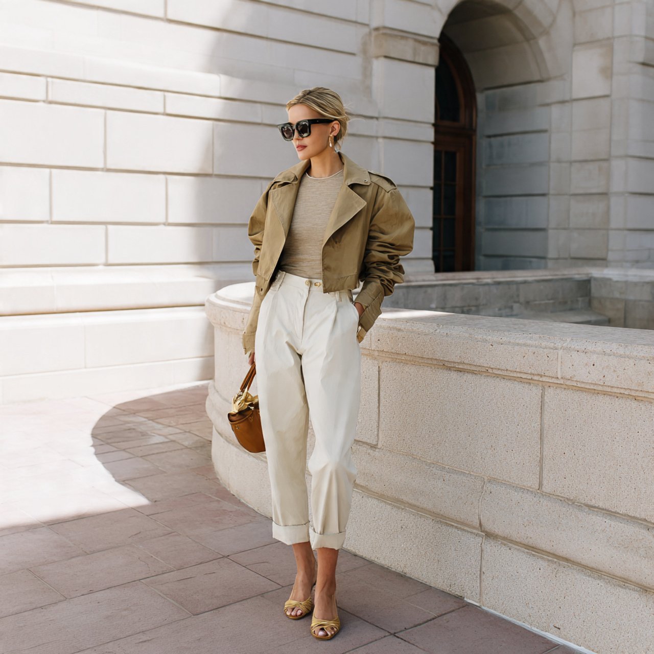 cropped trench with straight trousers and tankchic