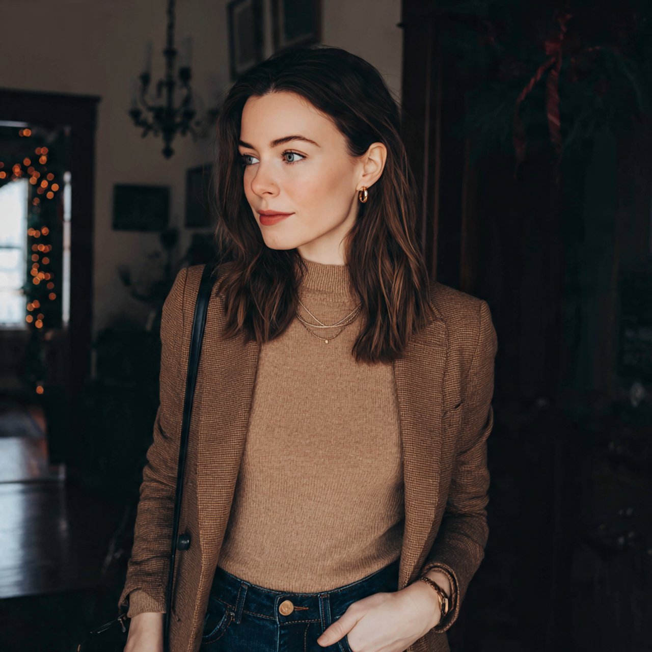 dark denim with a camel blazerthanksgiving dinner