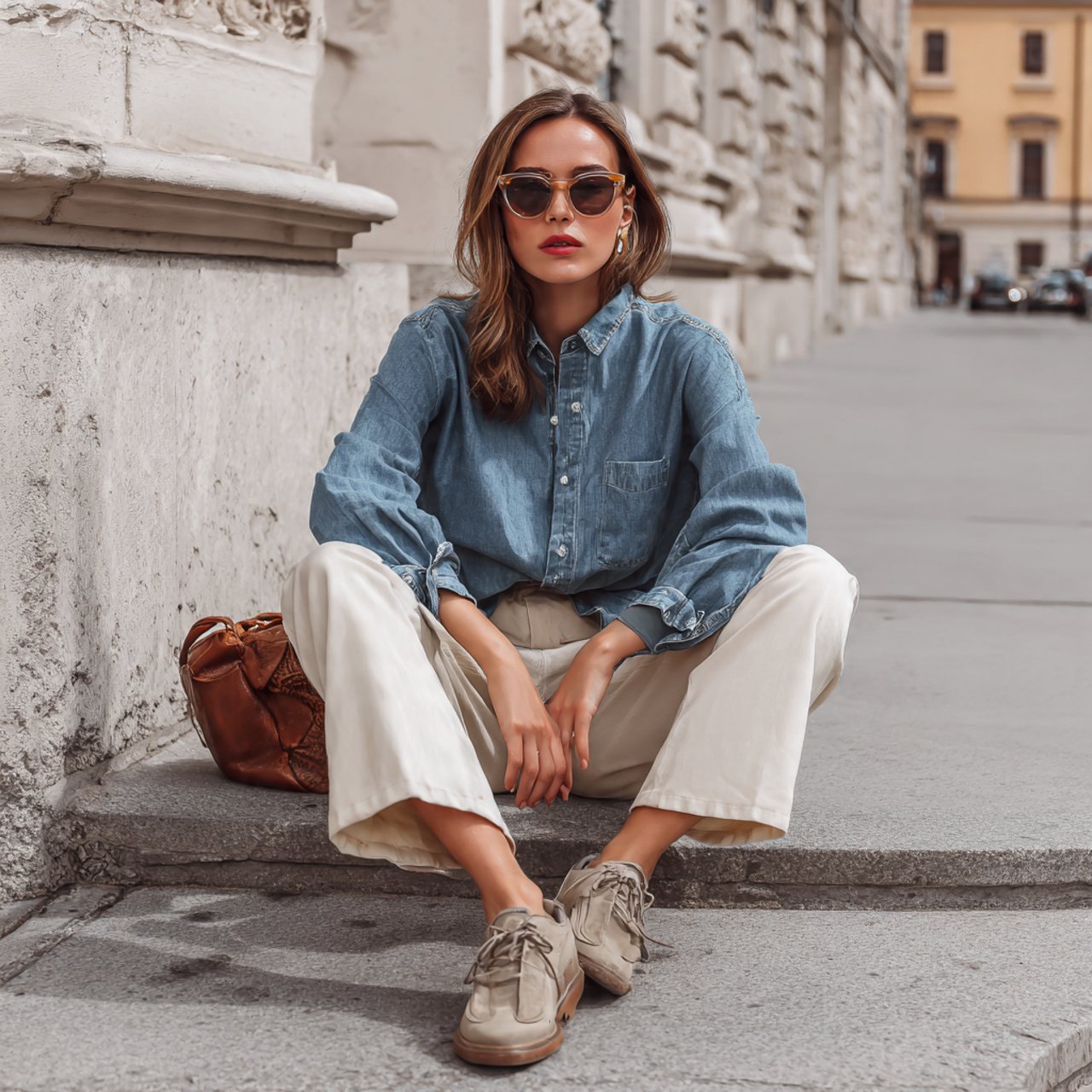 denim shirt with ecru trouserschic spring outfits