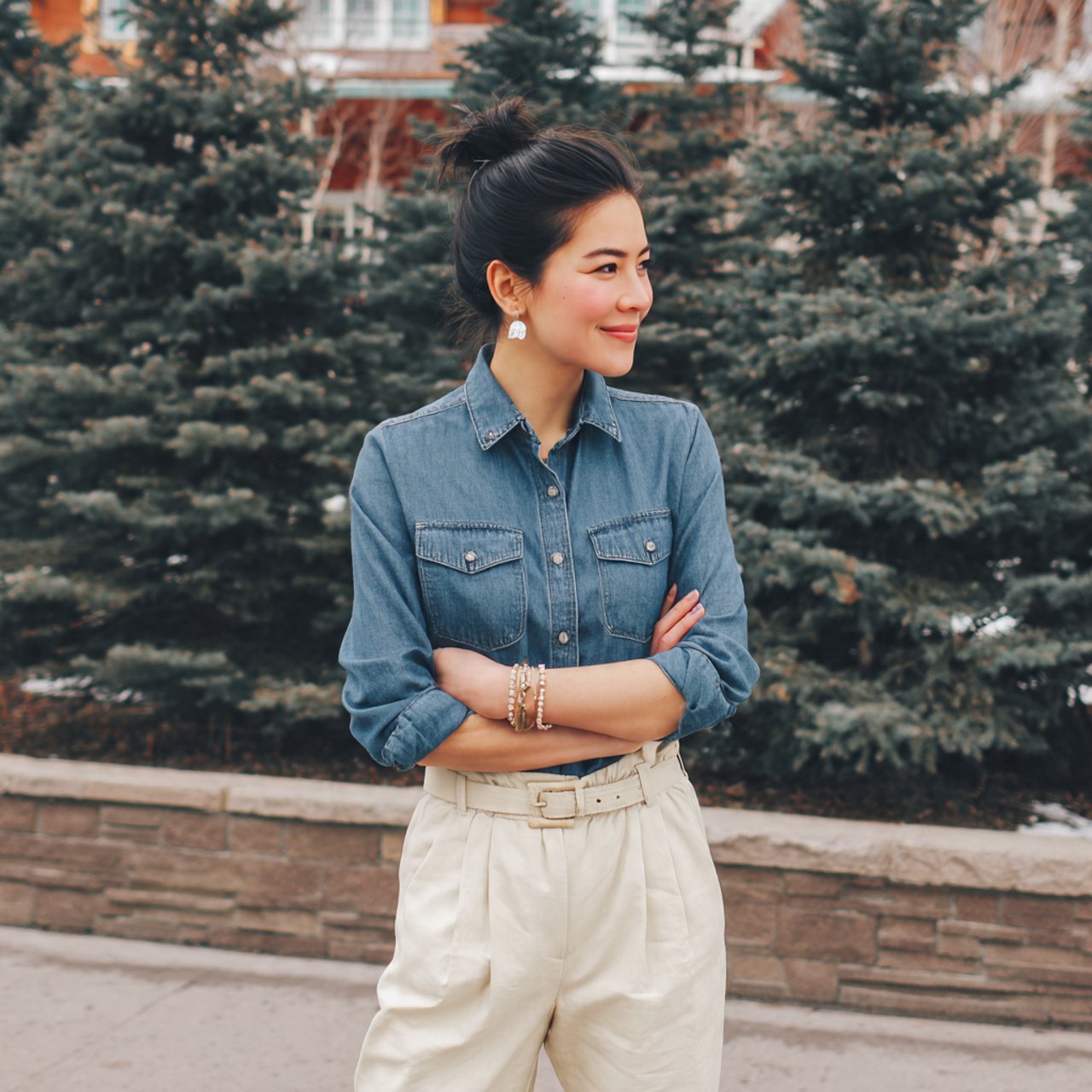 denim shirt with ivory trousersthanksgiving outfit