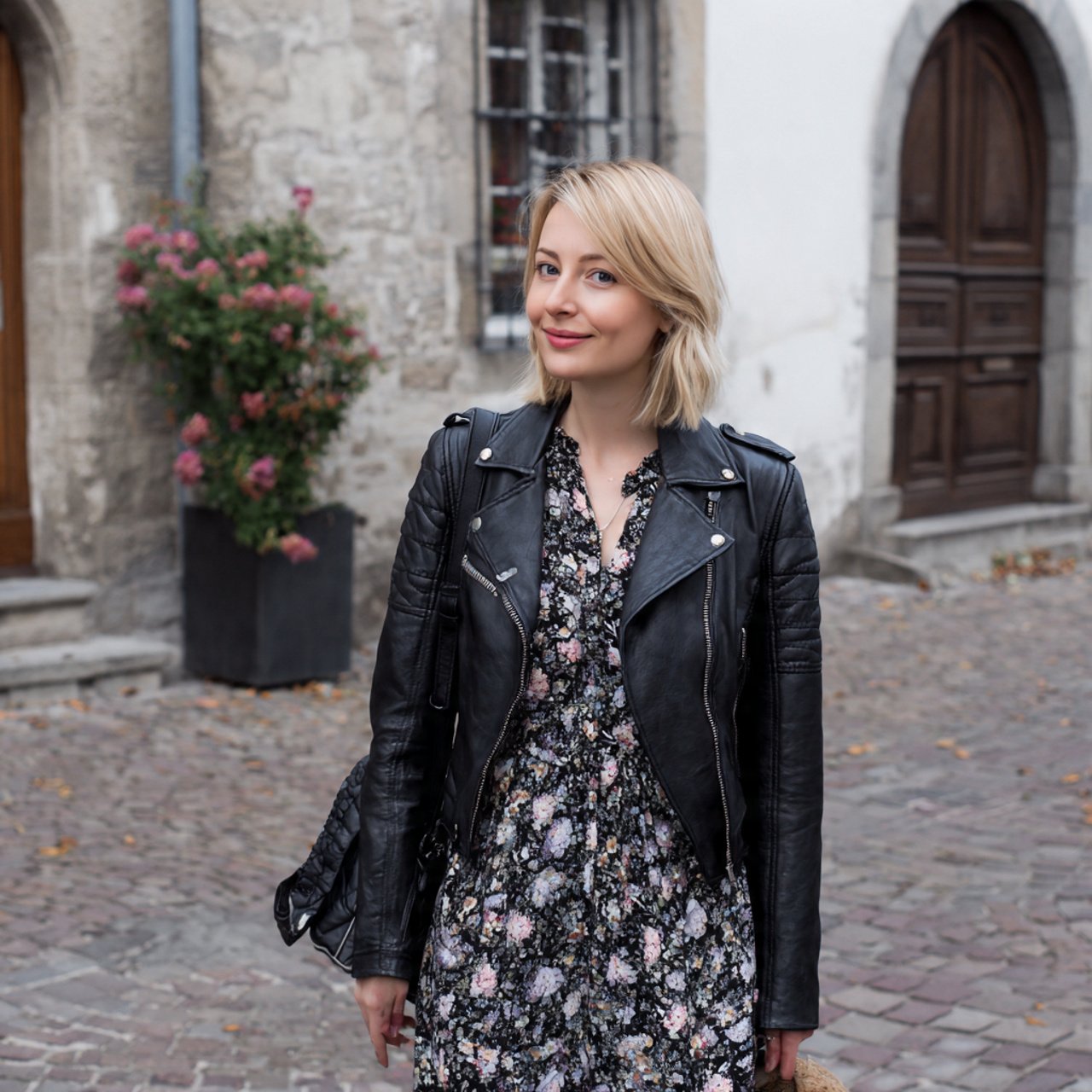 Autumn Date Night Outfit Ideas for a Chic, Polished Fall Look 13 floral midi dress and a leather jacketwoman autumn