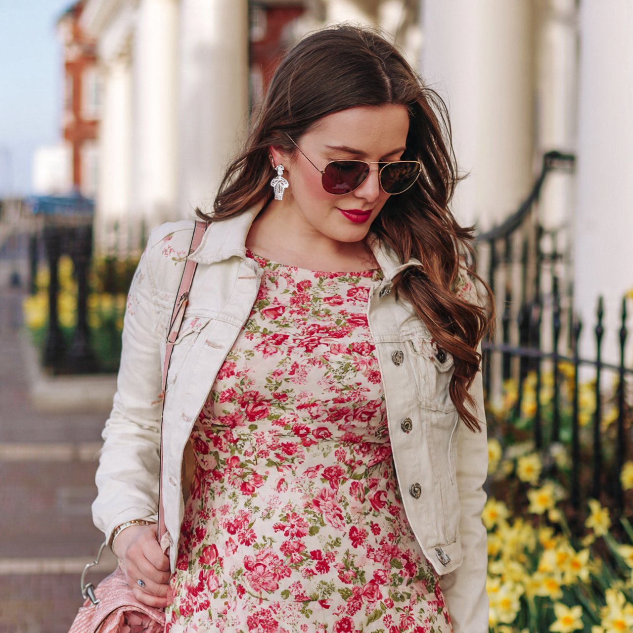 floral midi dress with structured denim jacketchic