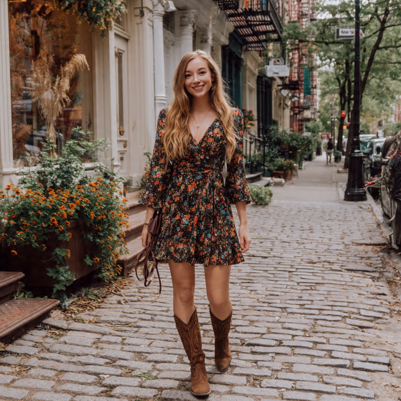 floral wrap dress with flat bootshippie chic outfi 1