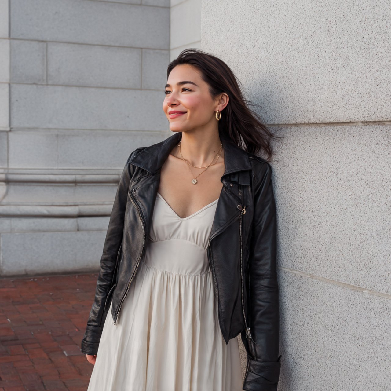 leather jacket with a simple midi dressmovie date
