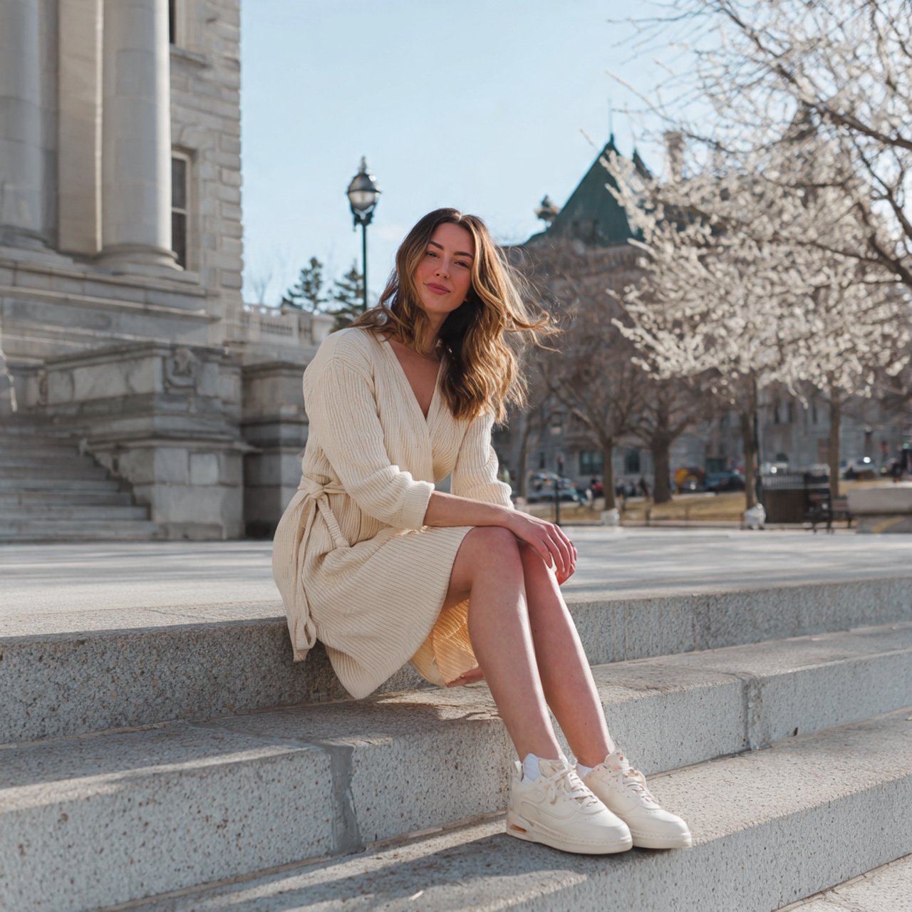 lightweight knit dress with clean sneakersdate nig