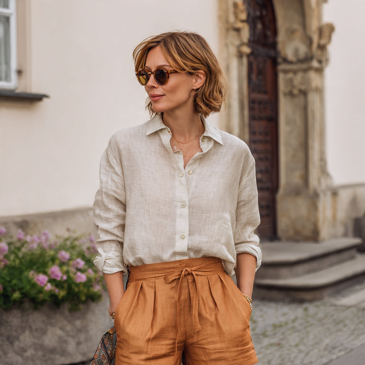 linen shirt with tailored shortschic spring outfit