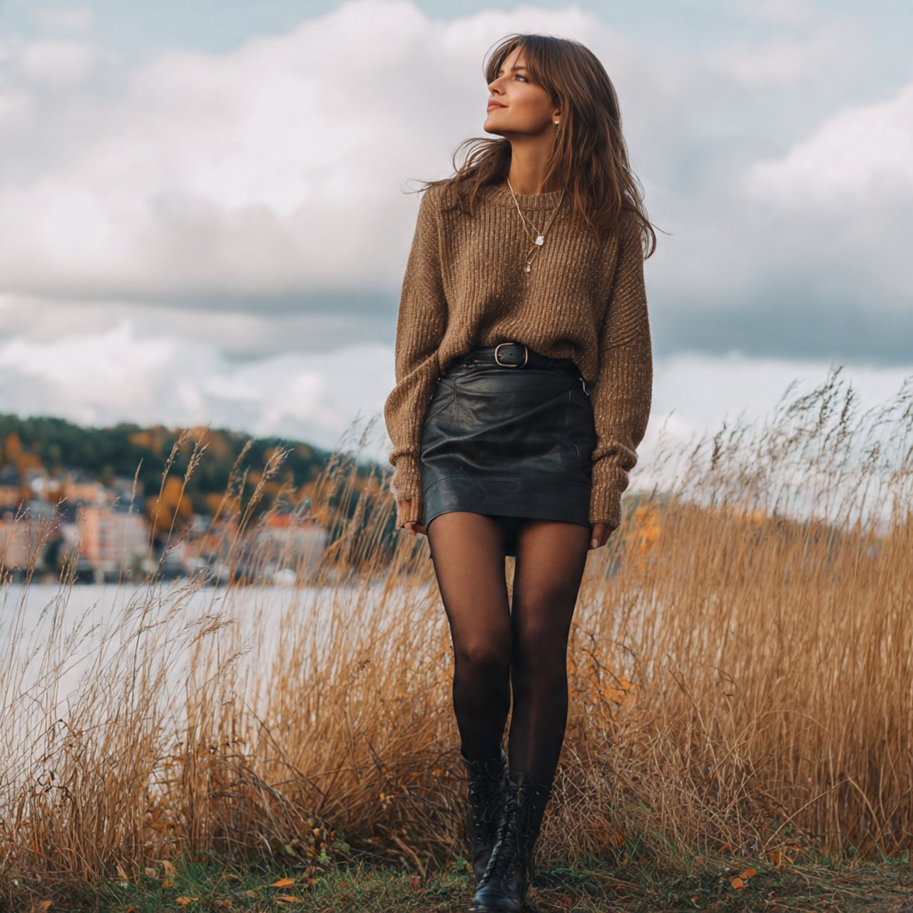 Autumn Date Night Outfit Ideas for a Chic, Polished Fall Look 10 mini skirt with tights and knee bootswoman autumn