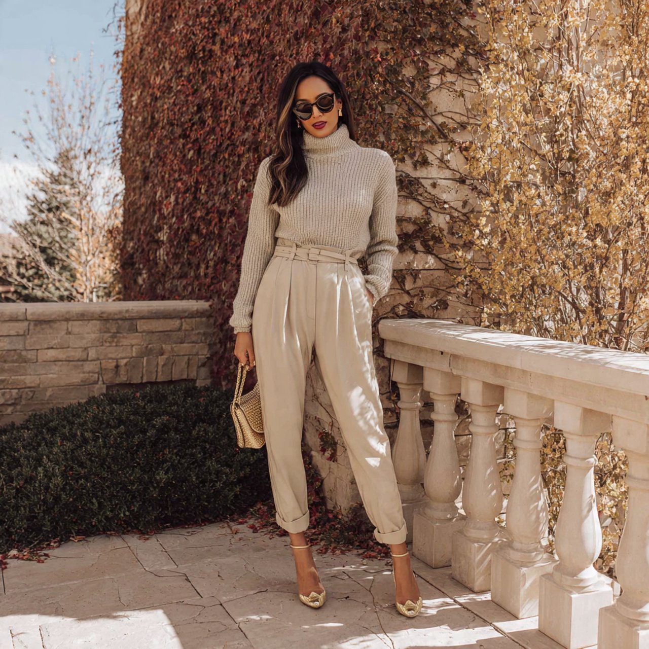 mock neck sweater with pleated trousersthanksgivin 1