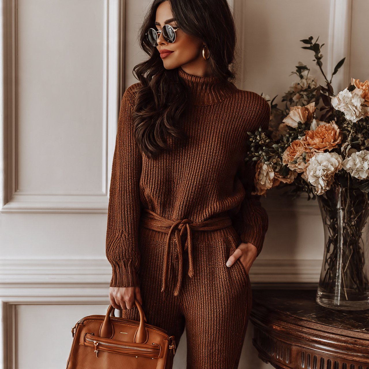 monochrome brown knit setthanksgiving outfit ideas