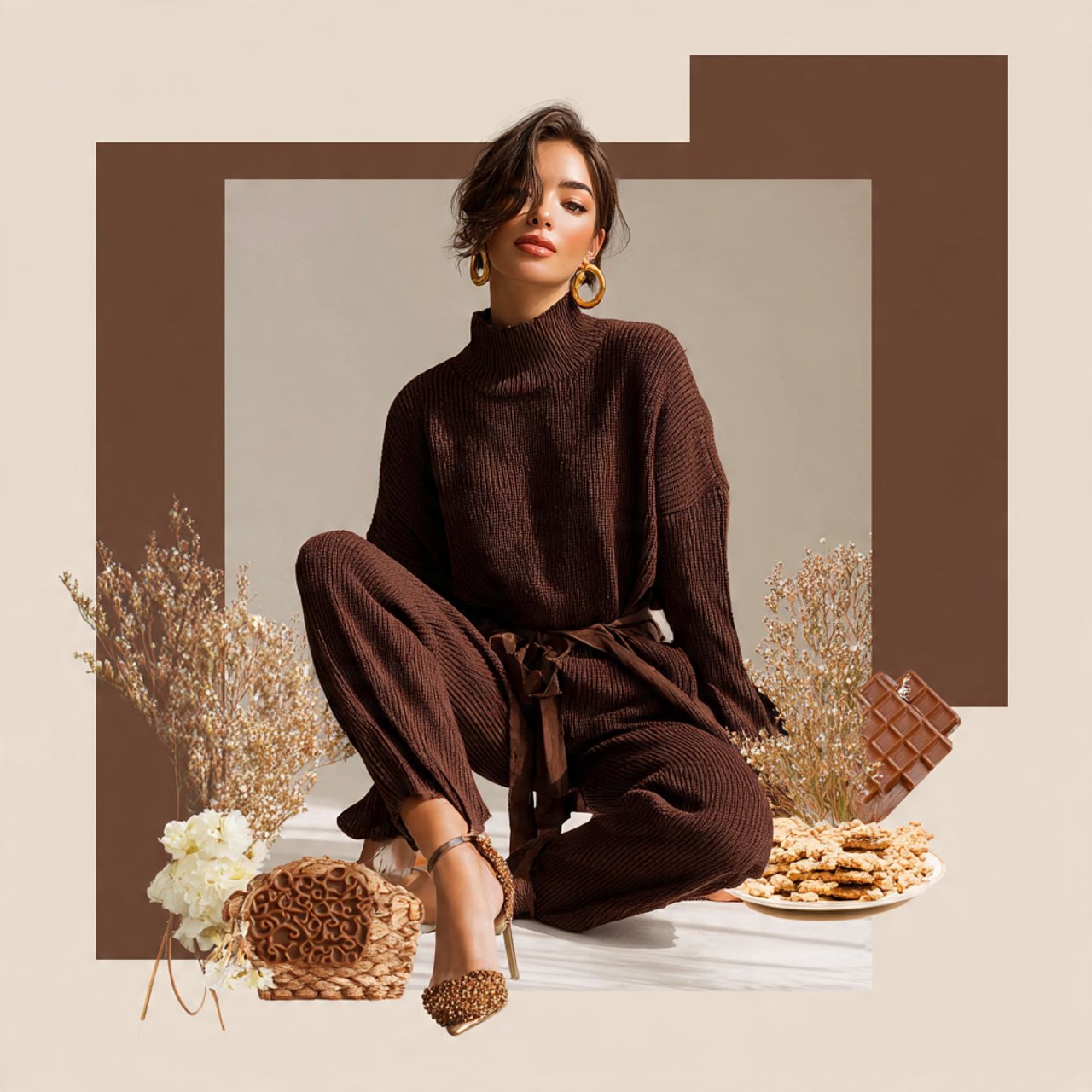 monochrome chocolate brown knit setthanksgiving di
