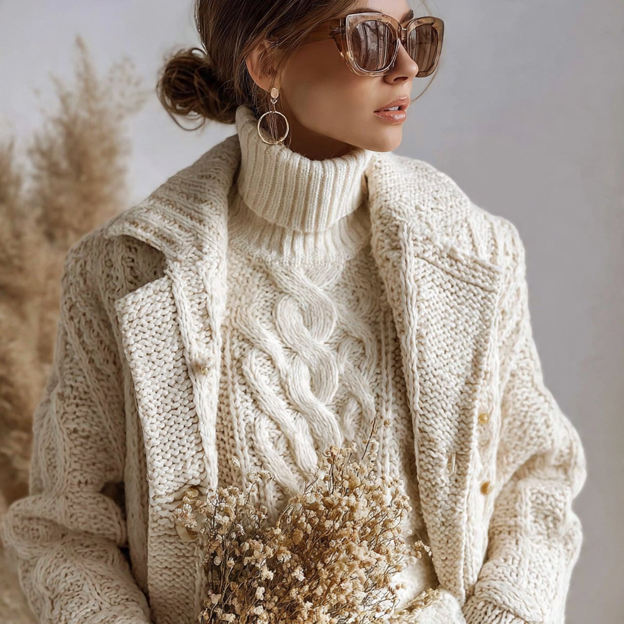 monochrome cream knit set with long coatchic sprin
