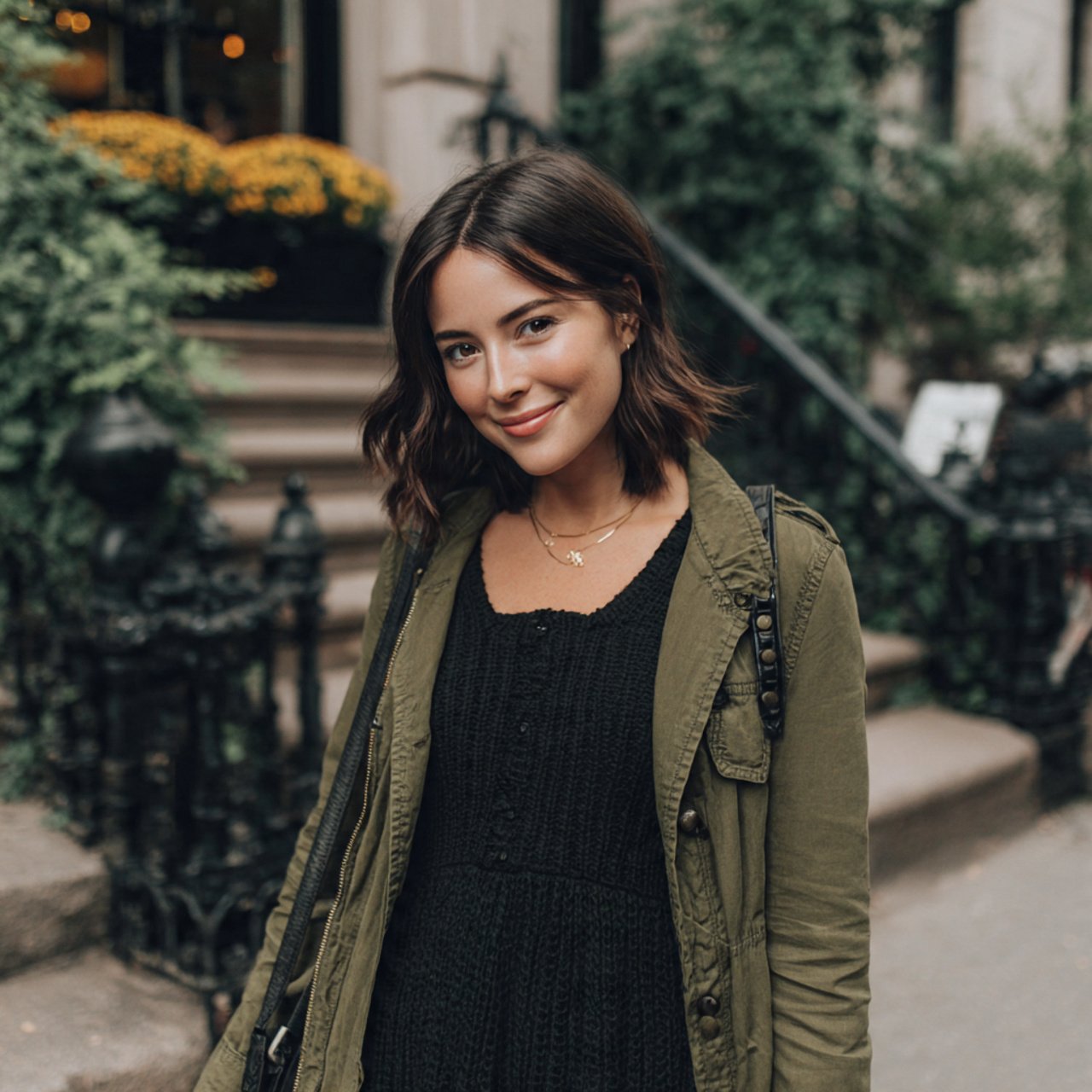olive jacket with black knit dressthanksgiving out
