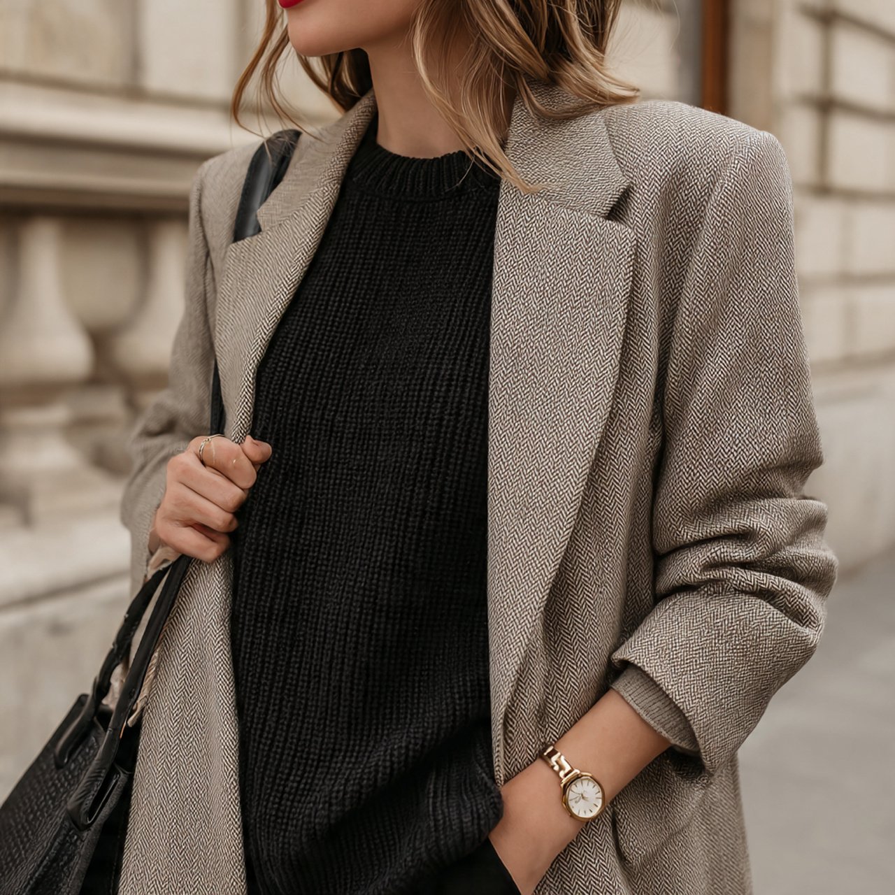 oversized taupe blazer with slim black knitwearbla