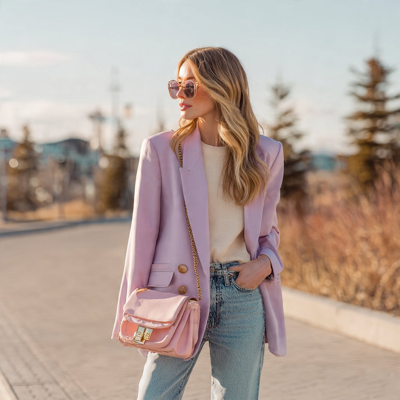 pastel blazer with straight leg jeansdate night ou