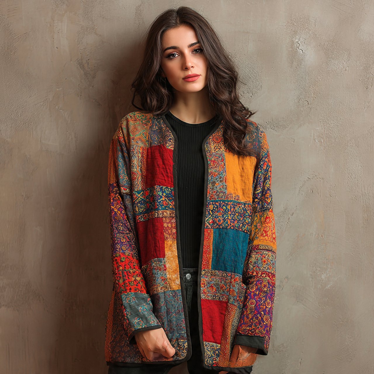patchwork jacket with simple black basehippie chic
