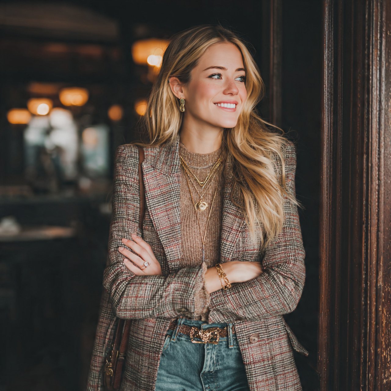 plaid blazer with knit top and jeansthanksgiving o