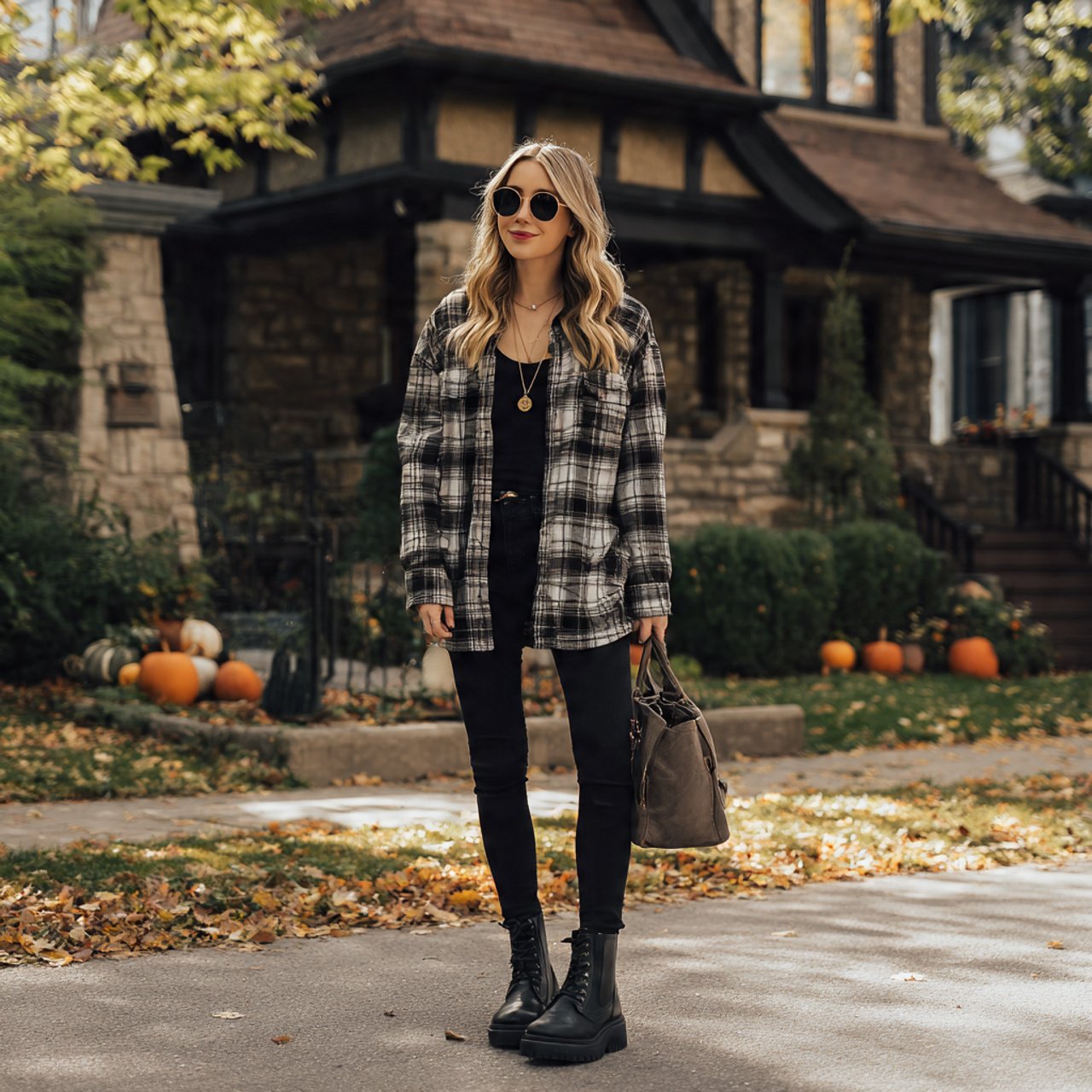 plaid shacket with black leggings and chelsea boot