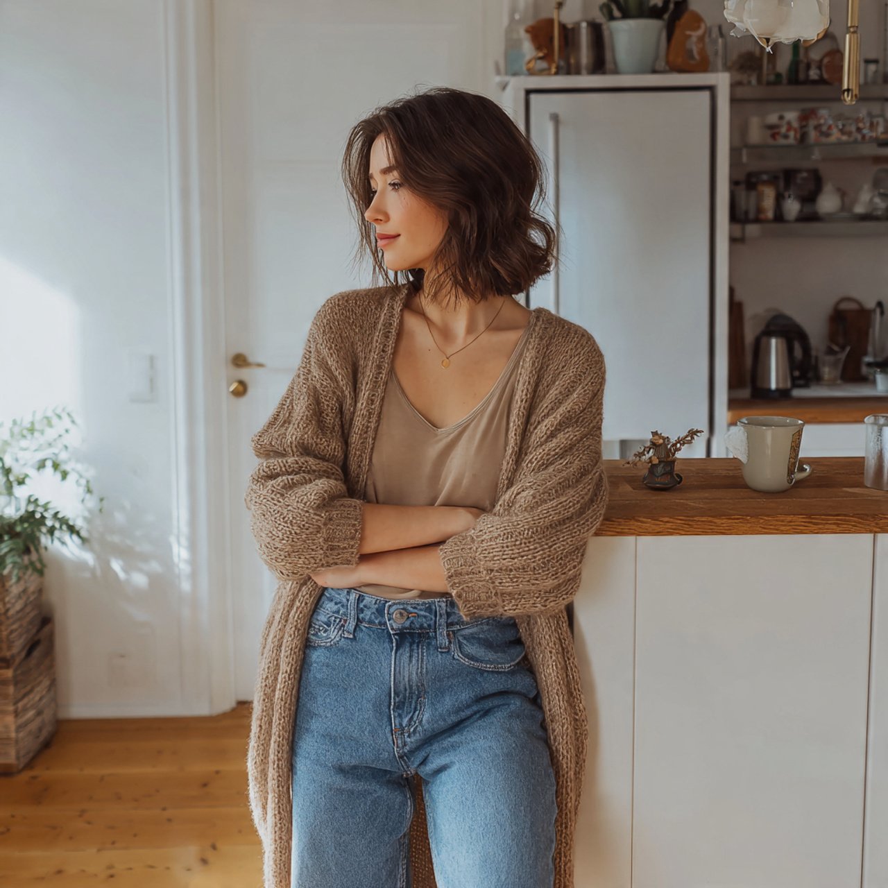 relaxed cardigan with straight jeans and tankmovie