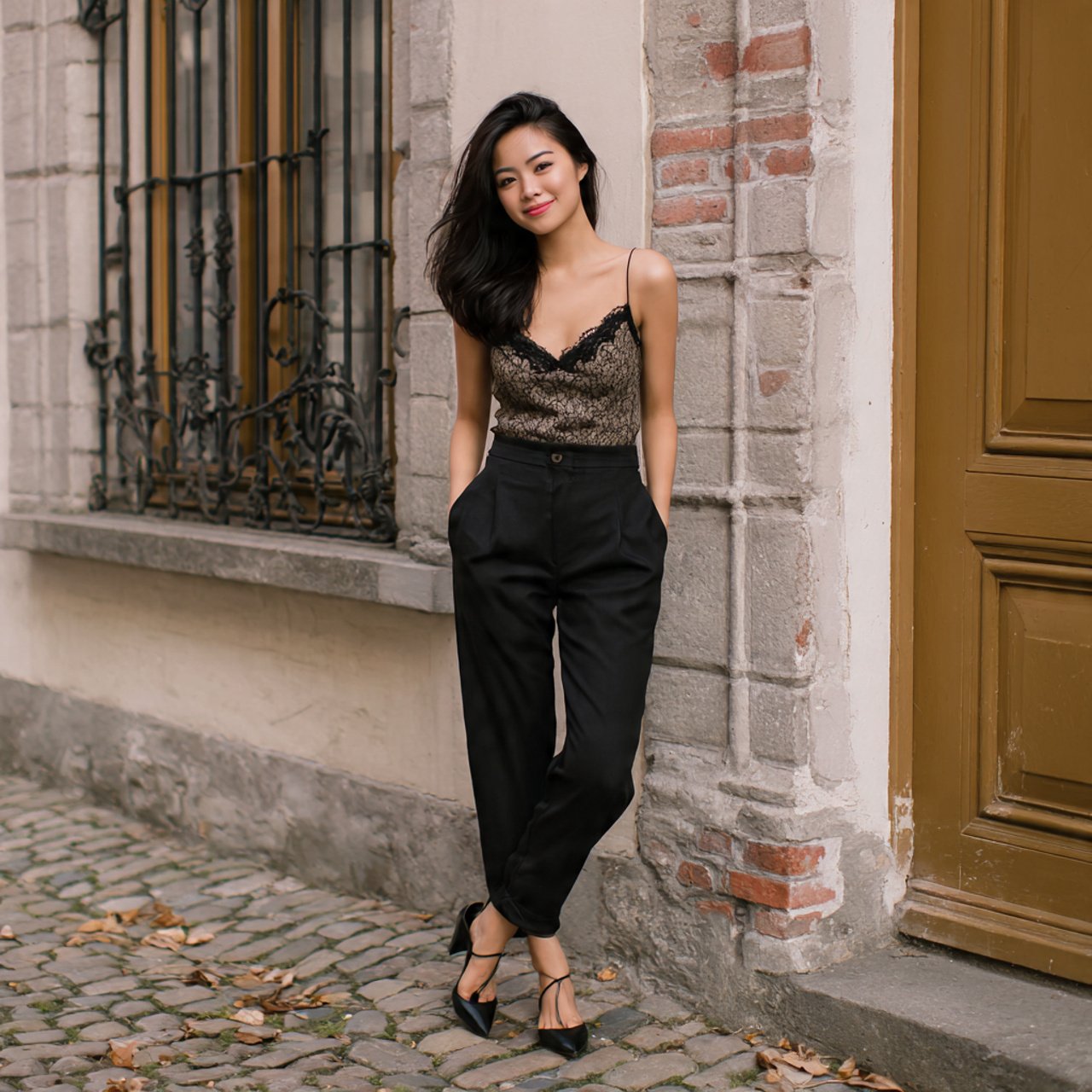 relaxed dress pants with lace camisolefirst date n