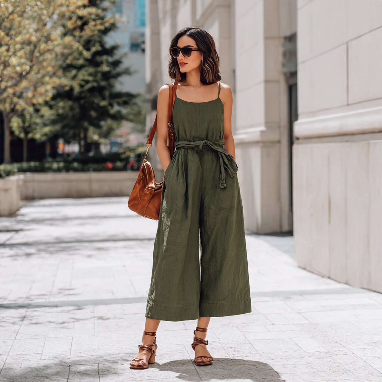 relaxed jumpsuit with leather sandalschic spring o
