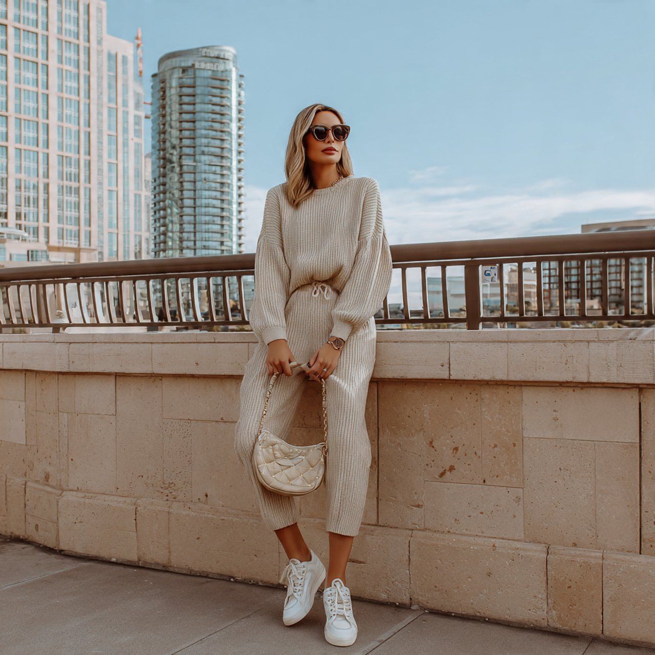 ribbed knit set in a neutral tonedate night outfit 1