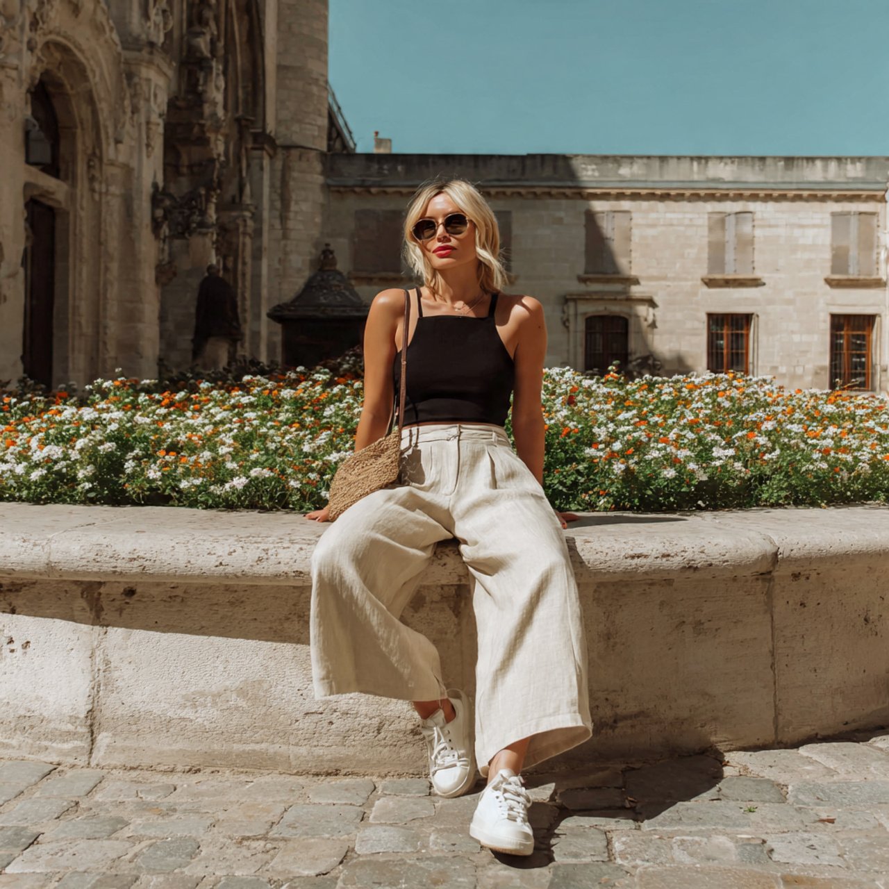 ribbed tank with wide leg linen trouserscomfy casu