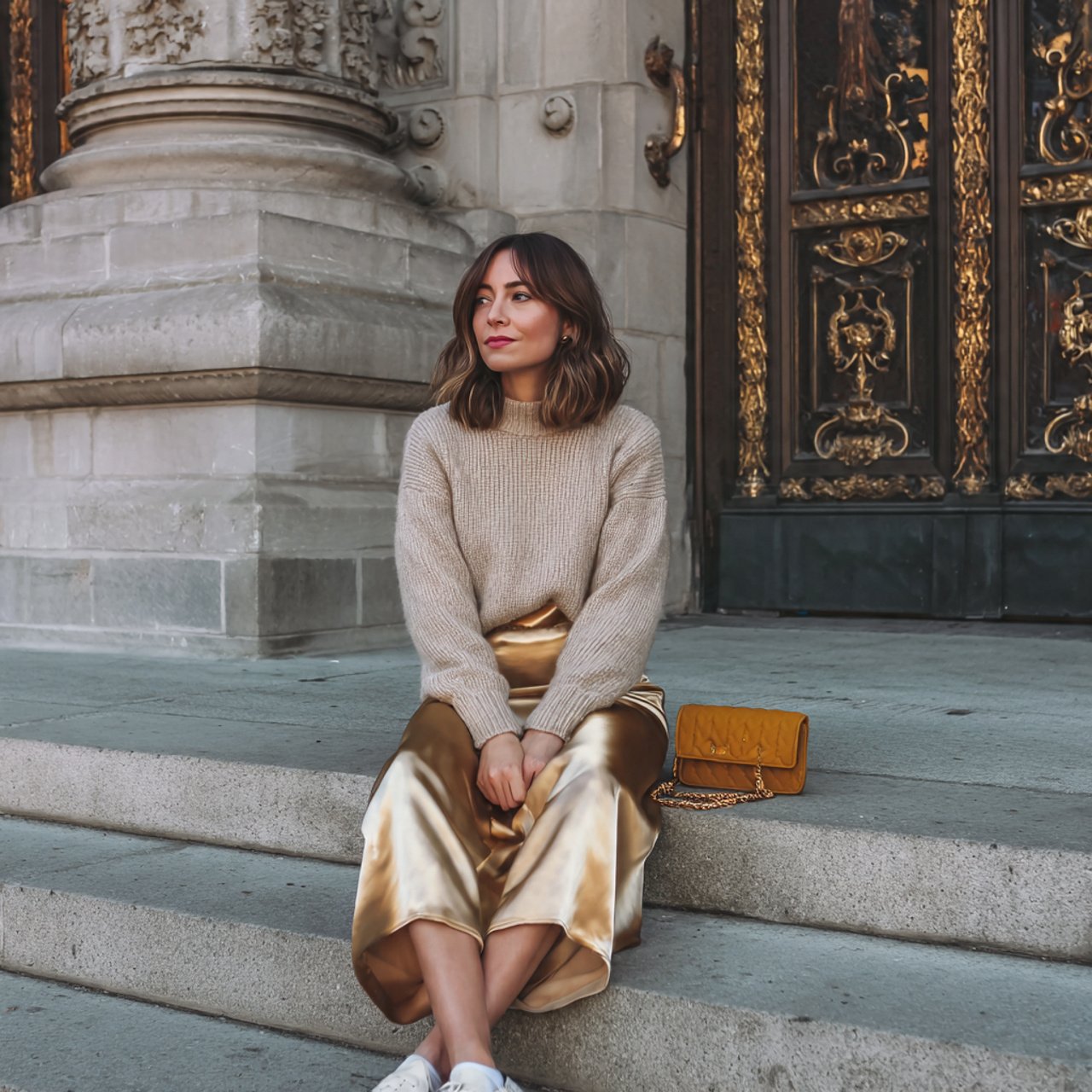 satin midi skirt with a fine sweatermovie date nig