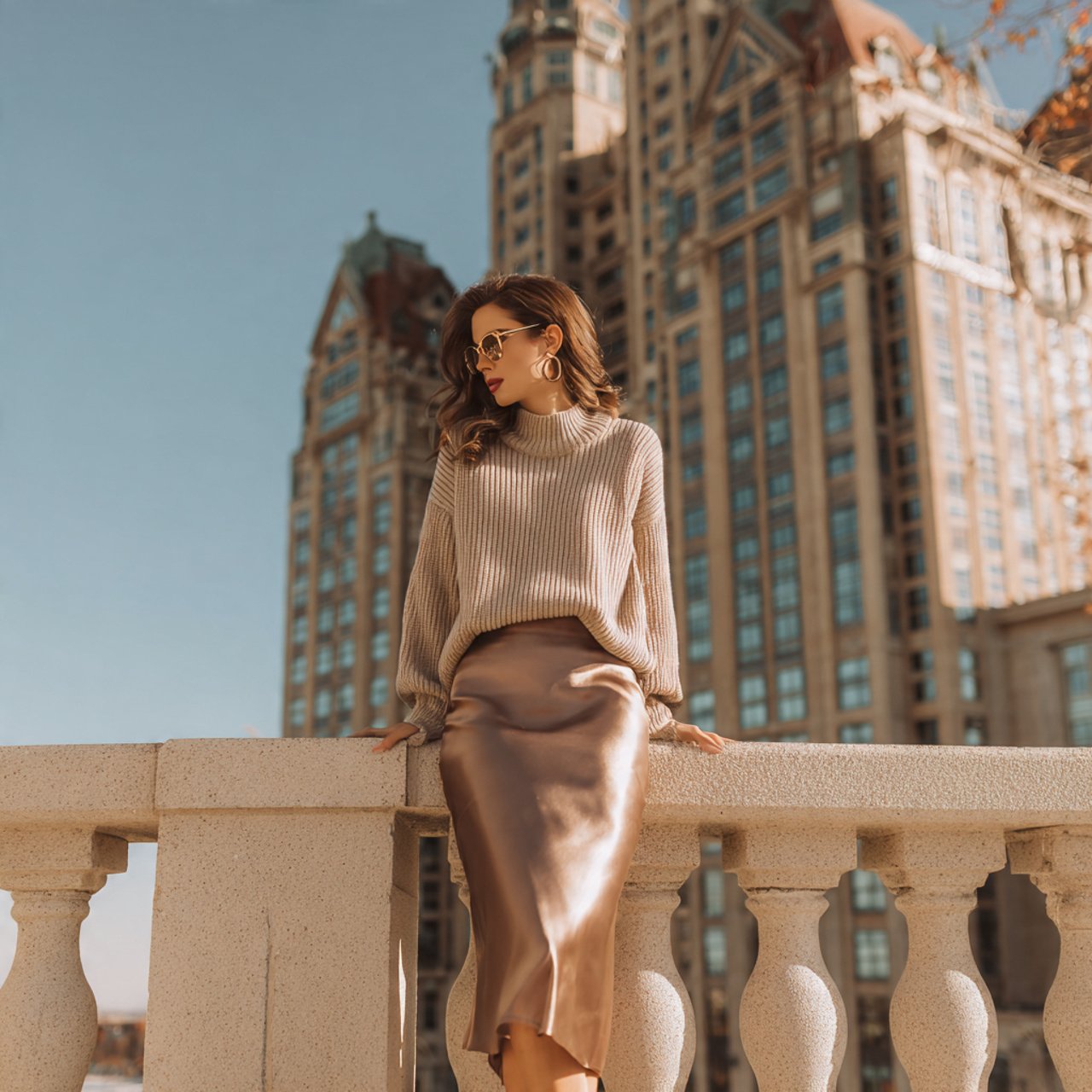 satin midi skirt with a soft cashmere knitthanksgi