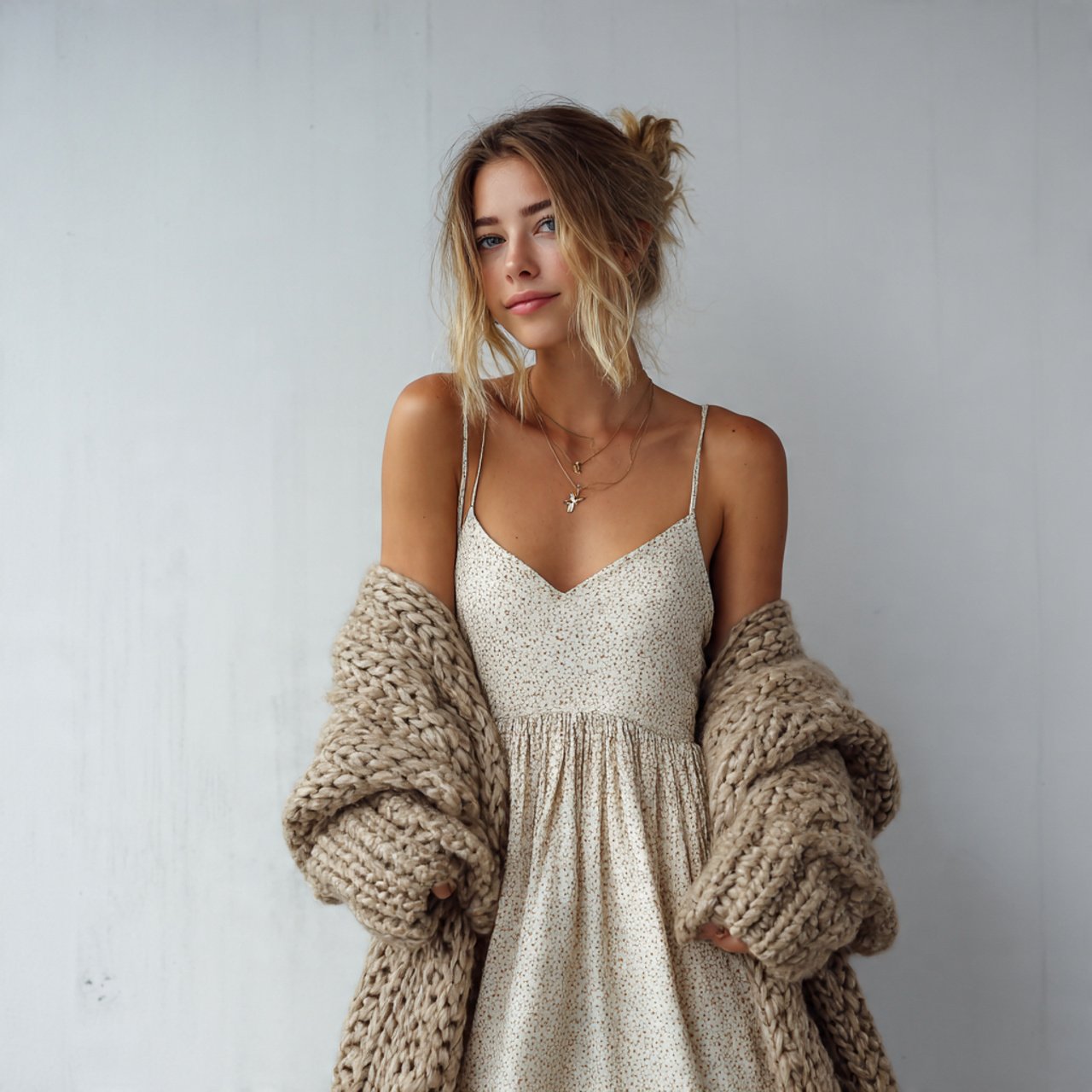 slip dress with chunky knit wraphippie chic outfit 1